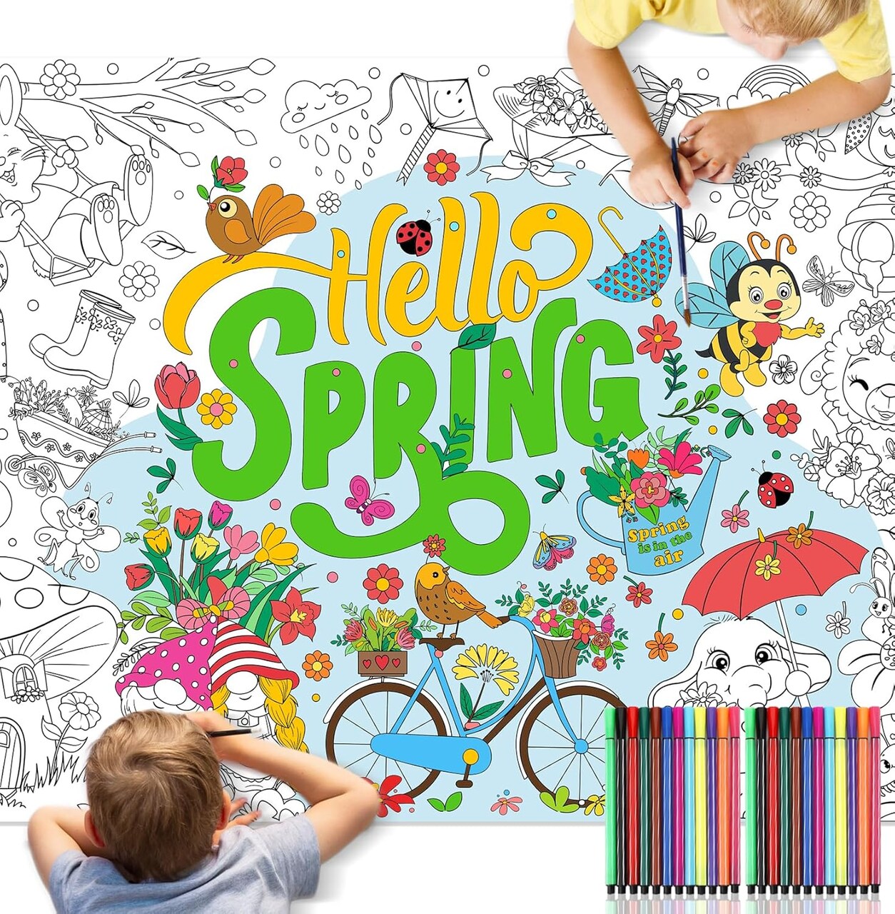 Hello Spring Coloring Poster with 24pcs Paint Pens,Spring Party Jumbo Paper Coloring Banner